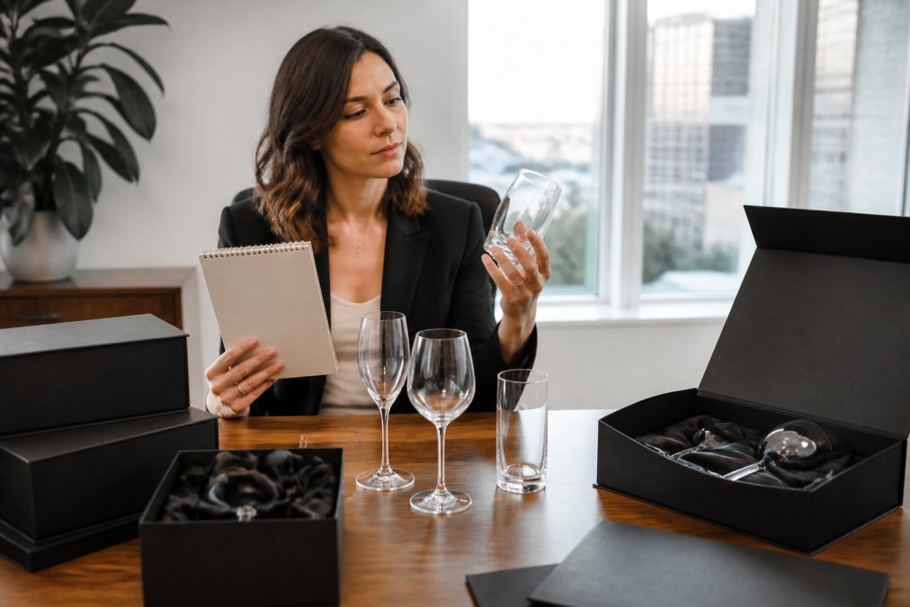 Marketing manager evaluating branded glassware samples for budget corporate gifts at a modern office desk