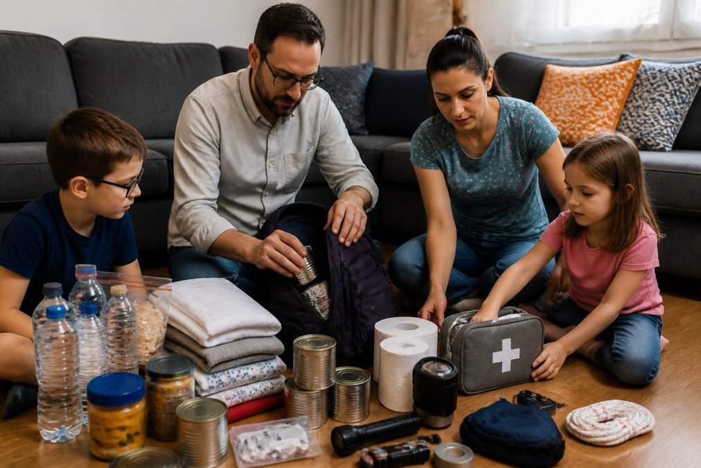 A family organizing water, food, and flashlights into bags for budget emergency kits in their living room.
