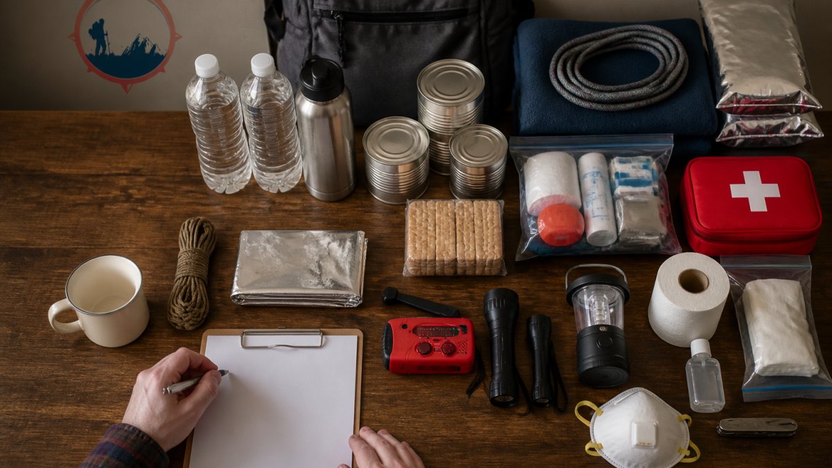 Overhead view of a well-organized emergency kit laid out on a table, showing water bottles, first aid supplies, flashlights, canned food, emergency blankets, a hand-crank radio, and other essentials neatly arranged