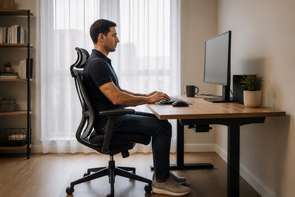 Person sitting at ergonomic desk with proper posture: feet flat on floor, monitor at eye level, elbows at 90 degrees, back supported by chair, wrists neutral on keyboard