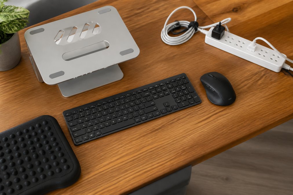 Flat lay of budget ergonomic accessories on a wooden desk: wireless mouse, external keyboard, laptop stand, power strip with cables organized neatly, and footrest