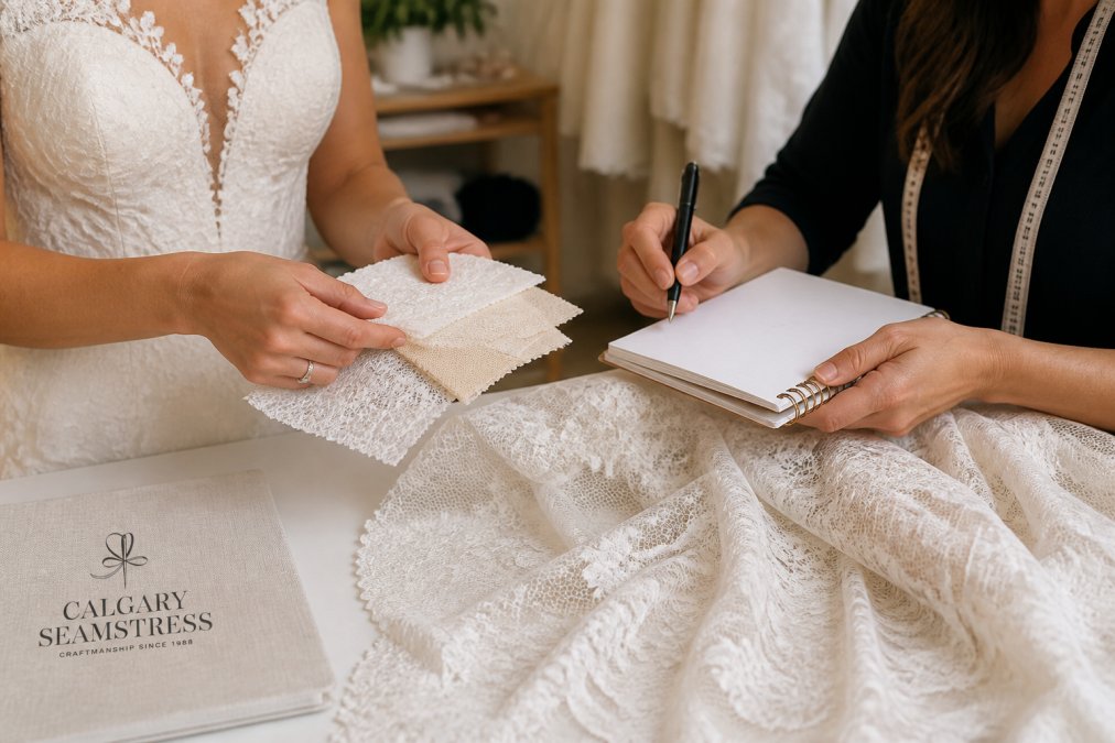 Close-up of a bride's hands holding fabric swatches and a consultation notebook while discussing alteration details with a seamstress across a fitting table, natural studio lighting