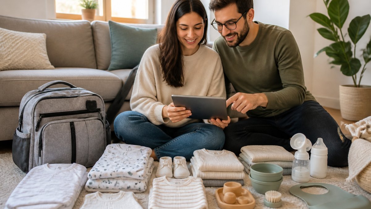 Young parents smiling while checking a digital registry list surrounded by baby clothes and gear on a living room floor