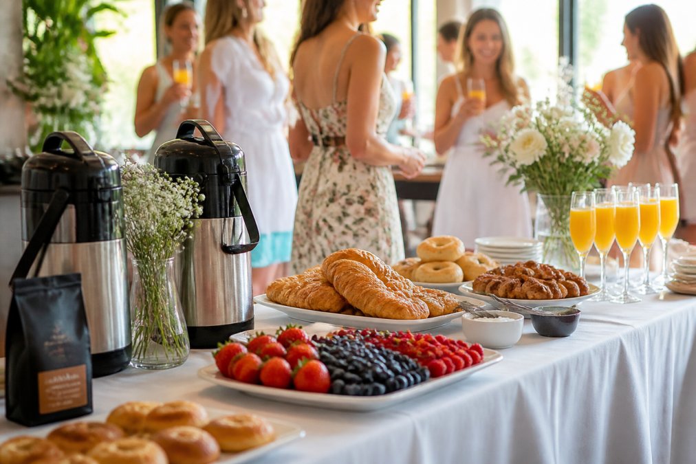 Sunlit brunch table scene with white tablecloths featuring fresh pastries, fresh berries in glass bowls, a coffee service station with Third Space Coffee's in-house roasted beans, mimosa glasses, and guests in light spring dresses mingling in natural morning light