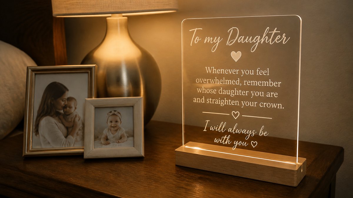 Infographic showing the step-by-step process of styling a personalized illuminated plaque as a room focal point.