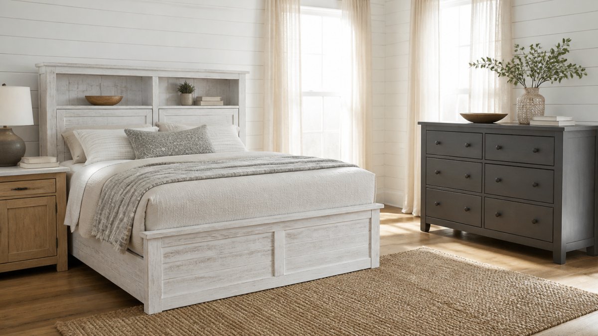 A rustic white farmhouse queen bed frame with built-in headboard storage positioned against a white shiplap wall, paired with a dark grey six-drawer dresser and natural oak nightstand with faux marble top, all arranged in a bright bedroom with soft morning light streaming through linen curtains