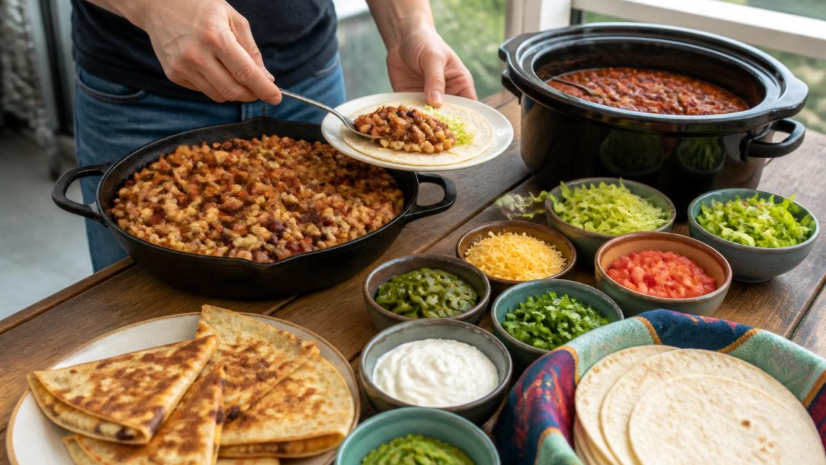 A colorful spread of budget-friendly family dinner dishes displayed on a wooden table: a large cast-iron skillet with pasta and beans, a taco bar with fresh toppings in small bowls, a slow cooker with rich chili, and a plate of golden quesadillas, showing abundance and variety without expense