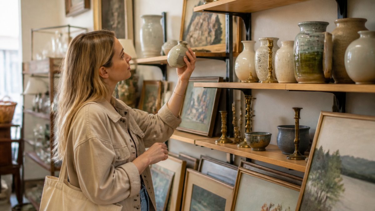 A person browsing ceramic vases, framed art, and brass candleholders on wooden shelves in a bright thrift store, holding one small vase up to the light