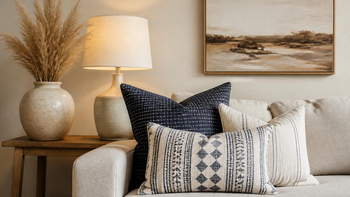 A styled living room corner with layered throw pillows in geometric patterns stacked on a neutral sofa, a warm table lamp with a linen shade casting soft light, a ceramic vase with dried pampas grass on a wooden side table, and a minimalist canvas print on the wall above