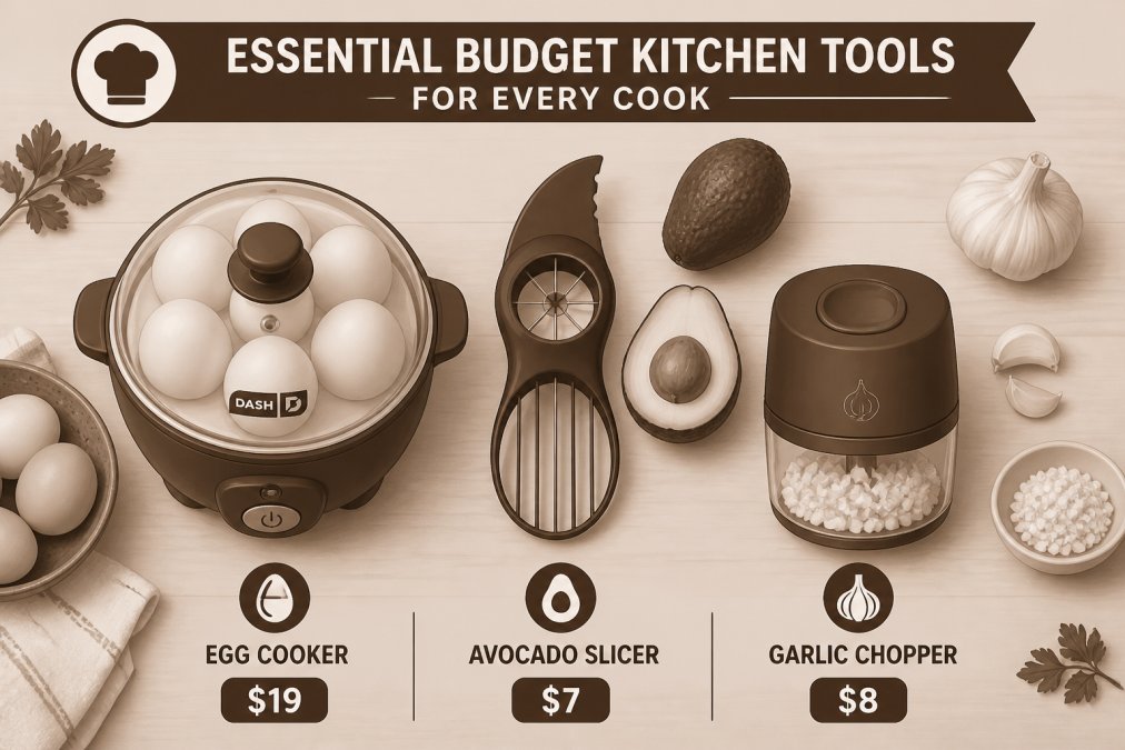 Flat lay of budget kitchen gadgets arranged on wooden countertop including cast iron skillet, avocado slicer, egg cooker, and garlic chopper with fresh ingredients