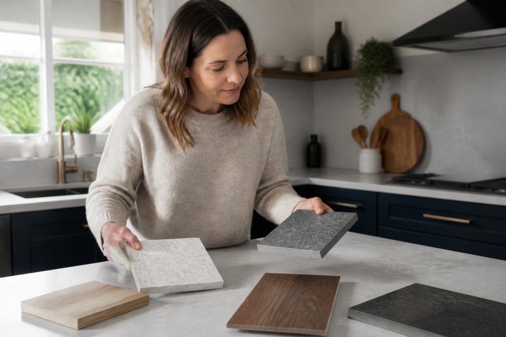 Homeowner examining and comparing different worktop material samples including laminate, wood, and stone-effect finishes on a kitchen counter with natural daylight