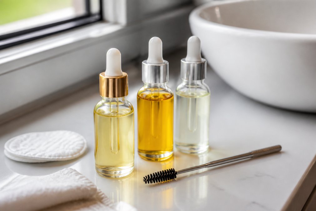 Close-up of three small glass bottles containing castor oil, jojoba oil, and coconut oil arranged on a white bathroom counter next to a metal lash spoolie and cotton pads, soft natural window lighting illuminating the bottles
