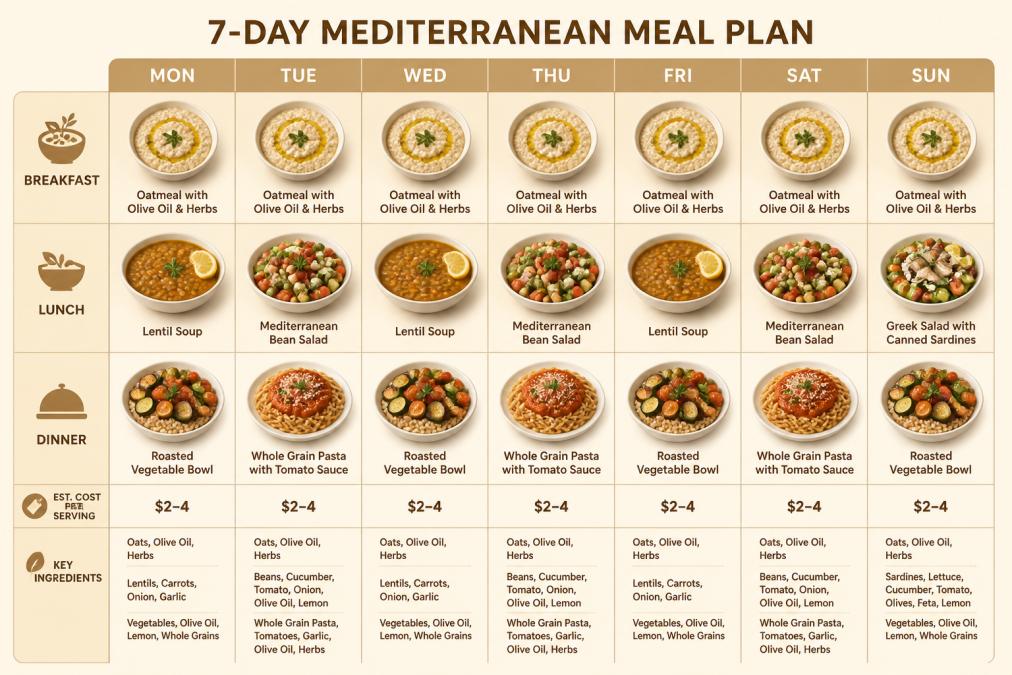7-day budget-friendly Mediterranean menu meal plan matrix with daily breakfast, lunch, and dinner options.