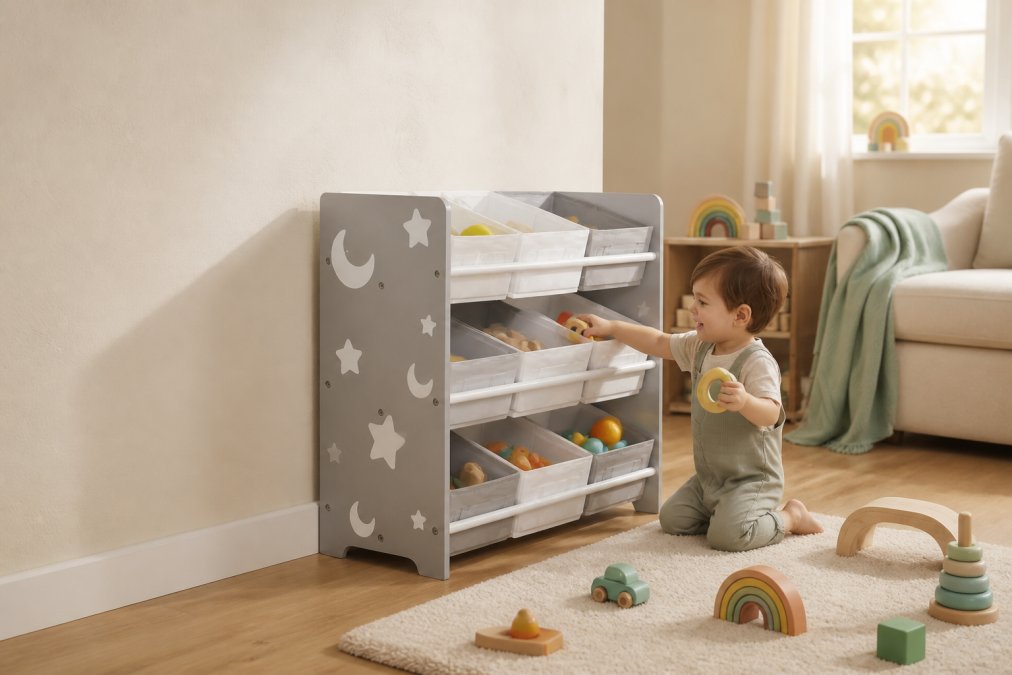 Organised nursery corner with colourful storage baskets arranged on a shelf unit, toys neatly sorted inside, soft natural lighting streaming through a window, toddler reaching for a basket