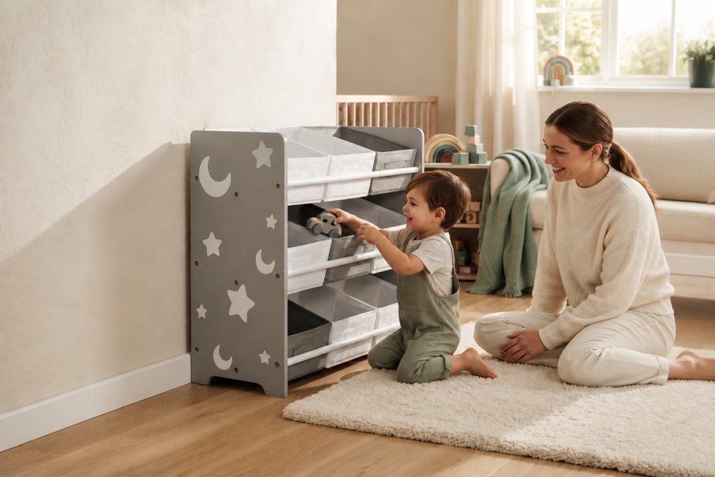 Parent and toddler reaching for items on wall-mounted floating shelves in a compact nursery, showing vertical storage in use with accessible fabric bins and neatly arranged baby essentials, warm natural light from a side window