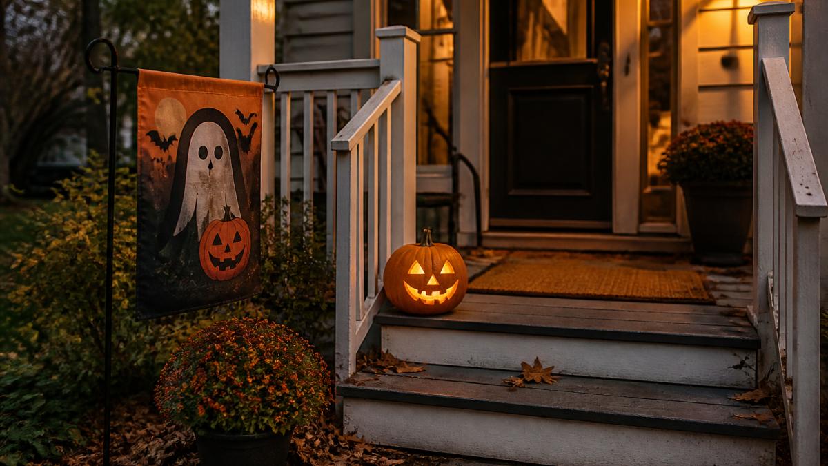 A front porch at dusk decorated for Halloween with a carved jack-o'-lantern, a garden flag on a pole, and a doormat at the entry, warm porch light glowing, leaves scattered on the steps