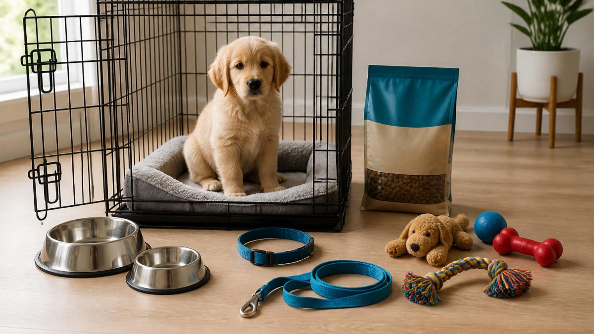 New puppy sitting in cozy crate surrounded by food and water bowls, toys, collar, leash, and puppy food bag arranged neatly on light hardwood flooring with natural window lighting