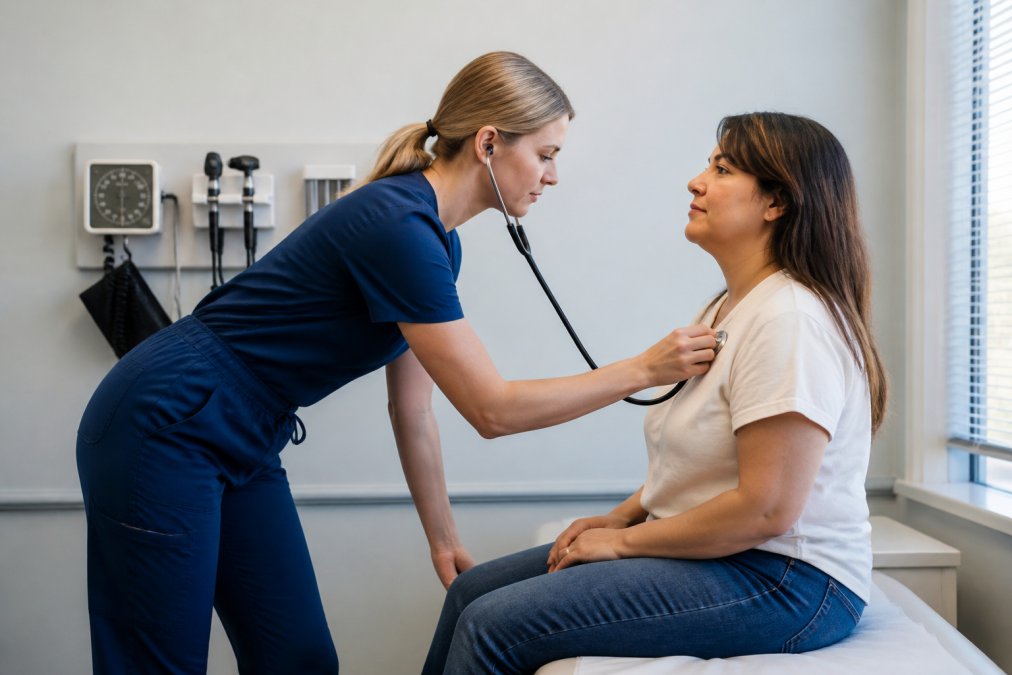 Healthcare professional in scrubs bending and reaching toward patient during examination, demonstrating full range of motion and fabric mobility without restriction or riding up