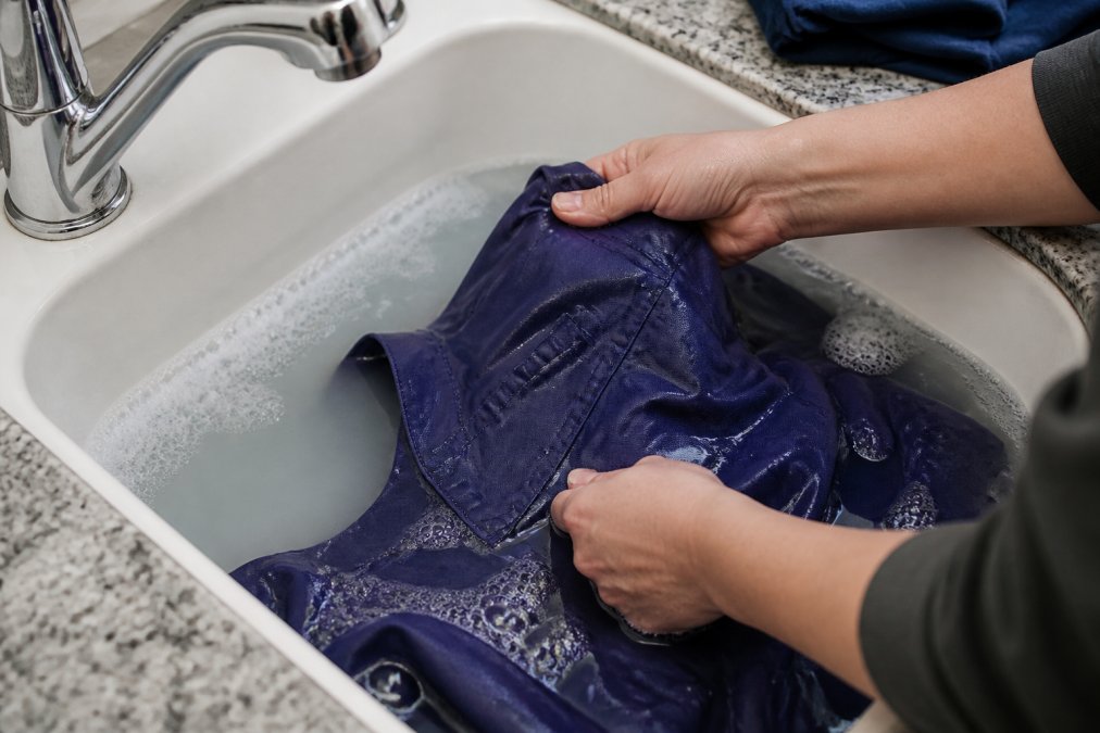 Hands carefully washing scrubs in sink with warm water, showing gentle fabric care technique with attention to seams and pockets, natural lighting
