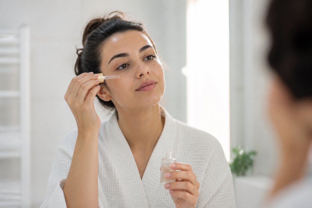 Woman's hands applying layered skincare products in sequence on her face, starting with lightweight serum and progressing to richer moisturizer, shown in a bright, minimalist bathroom with natural morning light