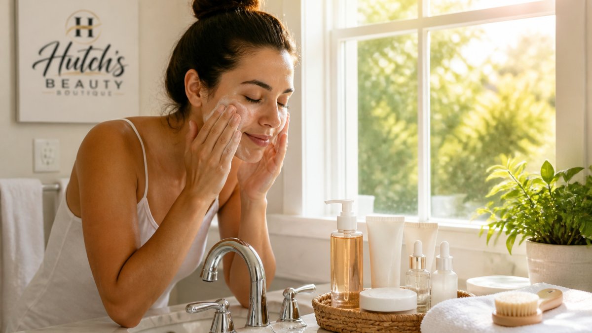 Person applying gentle cleanser at a bathroom sink as part of their daily budget-friendly skincare routines