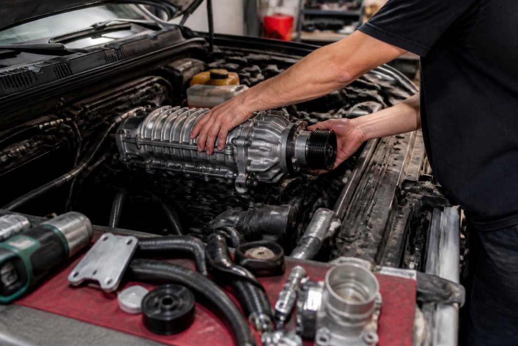 Mechanic installing budget-friendly supercharger options for trucks inside a professional garage workshop