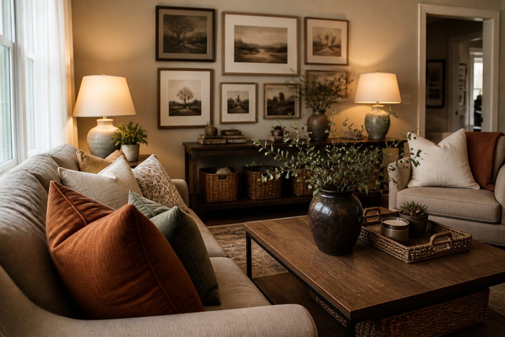 A carefully styled living room with a cohesive neutral and warm-toned color palette, featuring layered throw pillows in complementary shades, warm ambient lighting from table lamps, and a focal point wall with framed art in muted tones