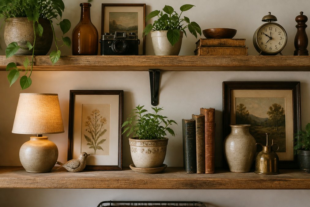 A styled shelf display featuring a mix of thrifted vintage items, small potted plants, framed prints, and decorative objects arranged at varying heights with warm accent lighting from a nearby lamp