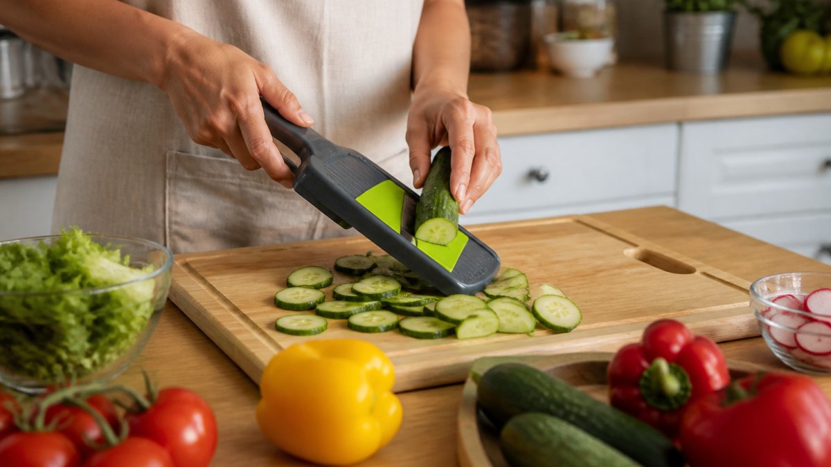 Hands chopping fresh vegetables with a budget-friendly kitchen tool on a clean, well-lit wooden countertop, showing efficient food prep in a home kitchen setting