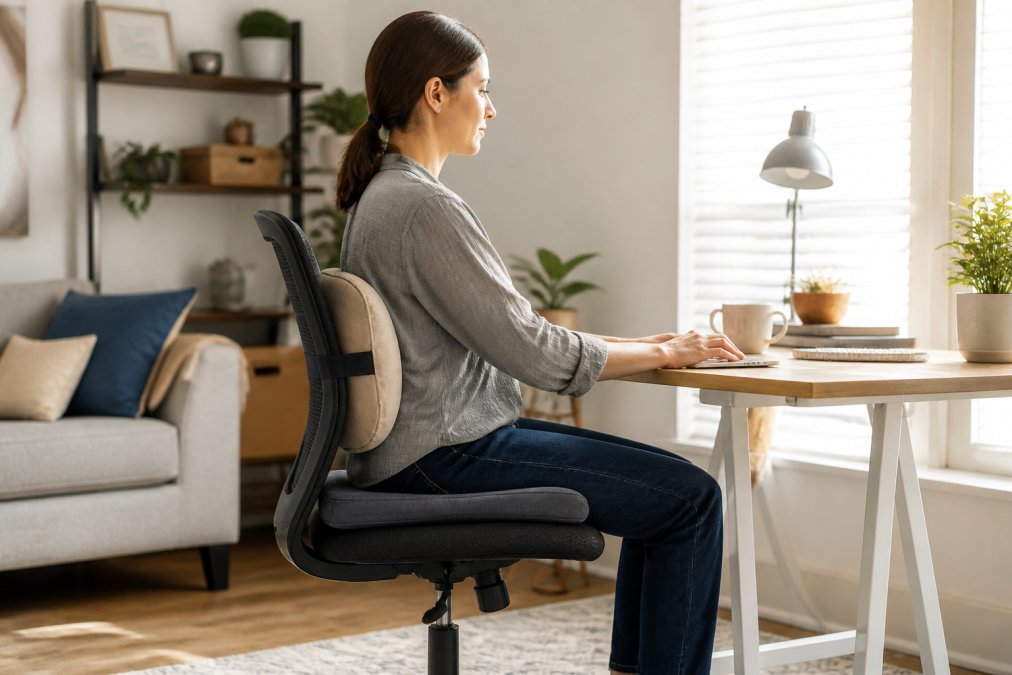 Person sitting at a home office desk with a budget office chair, using a lumbar support pillow and seat cushion to improve posture, with proper desk height and monitor positioning in natural light