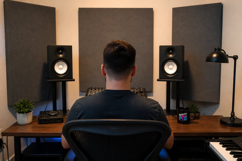 Professional home studio setup with two active studio monitors positioned symmetrically on desk stands at ear level, acoustic treatment panels on walls behind monitors, creator seated at mixing position in center