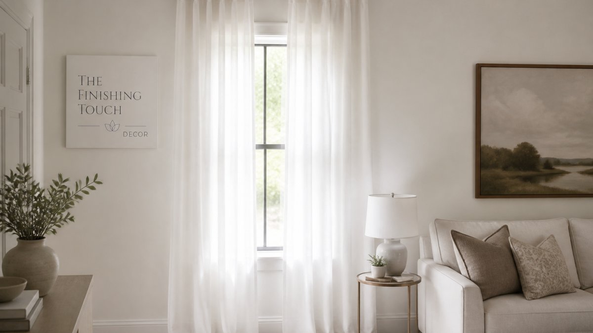 A bright living room corner with a narrow window dressed in floor-length sheer white curtains mounted high and wide on a slim rod, soft natural light filtering through, neutral-toned sofa and a small side table nearby
