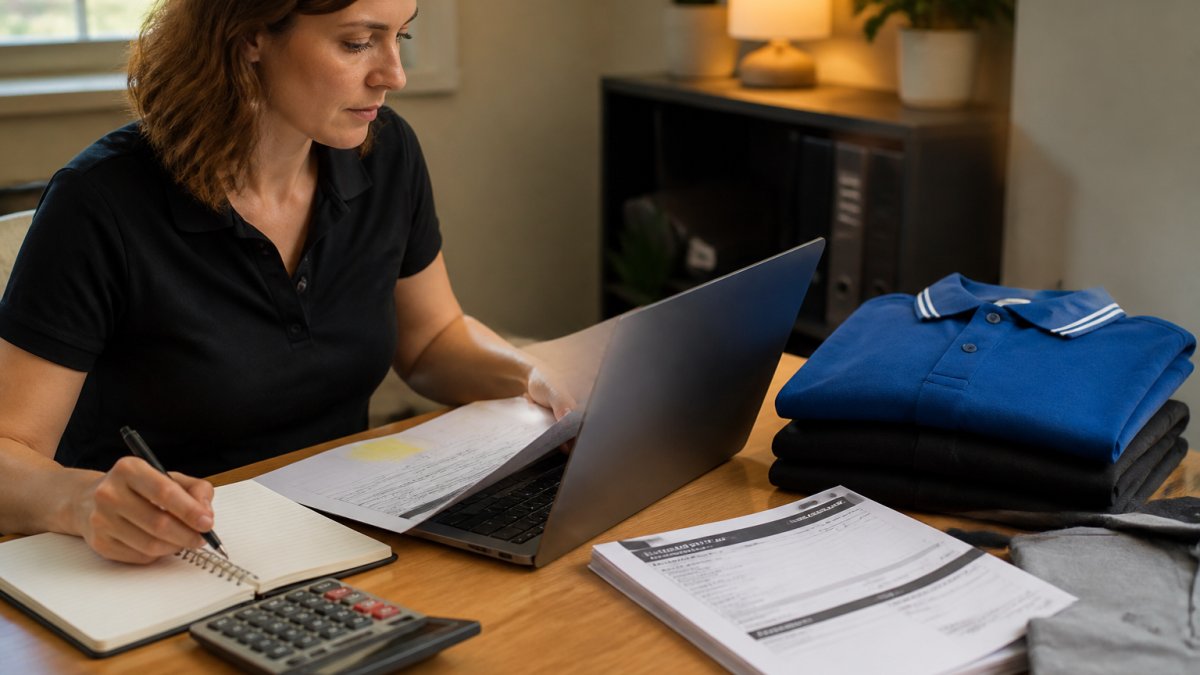 A marketing manager at a desk reviewing a spreadsheet of apparel costs on a laptop, with folded branded polo shirts and a printed invoice beside the keyboard, warm office lighting