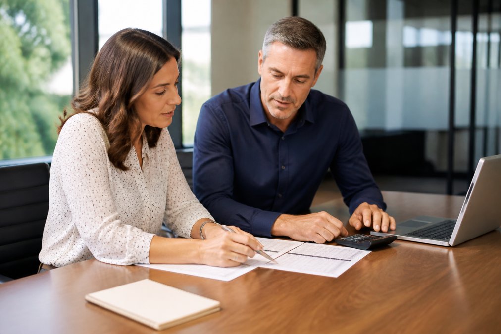 HR manager and finance colleague reviewing a worksheet for budgeting for corporate team building events at a table