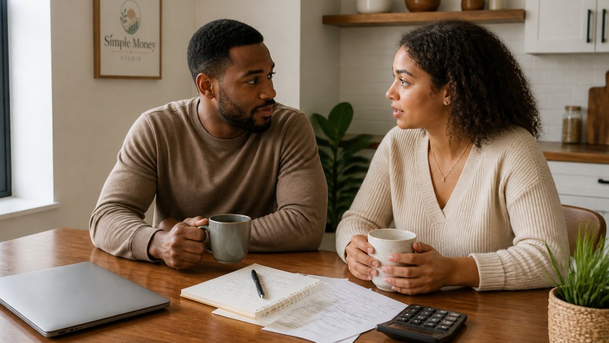 Couple sitting together at a kitchen table with a notebook and pen, having a calm conversation about finances while holding coffee cups
