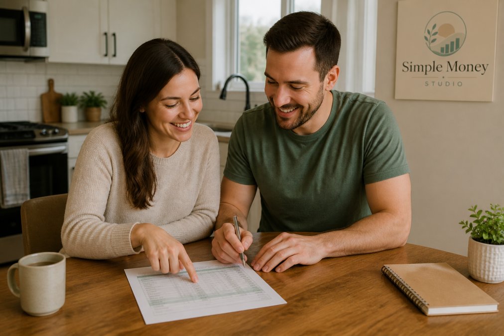 Couple using a laptop and expense tracker to manage separate accounts at a kitchen table