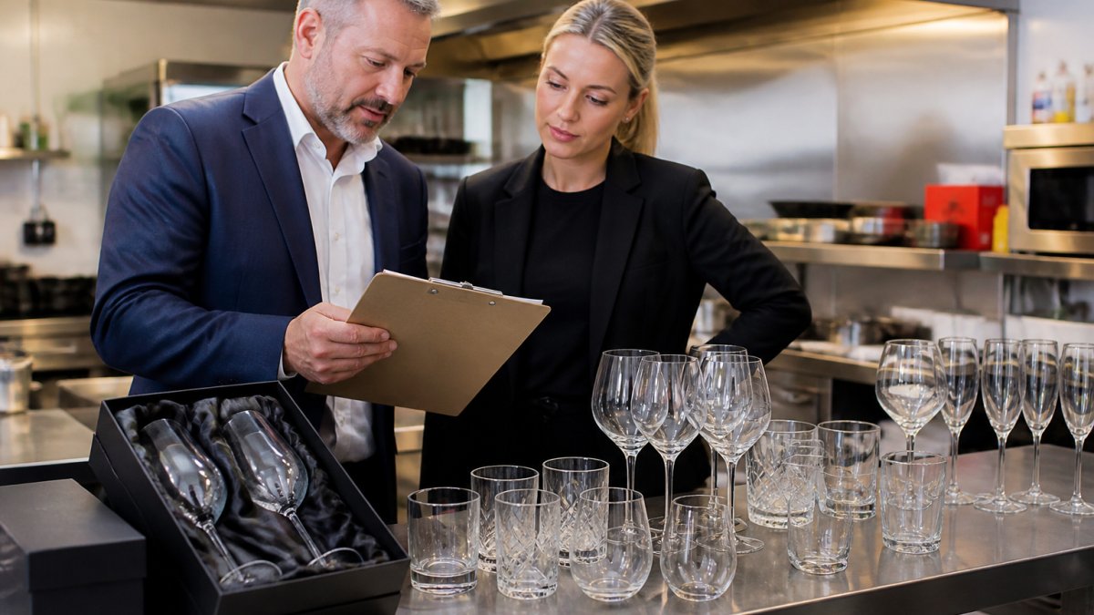 A restaurant manager and supplier reviewing a clipboard checklist of glassware types on a stainless steel bench in a commercial kitchen, with rows of wine glasses and tumblers lined up nearby under bright overhead lighting