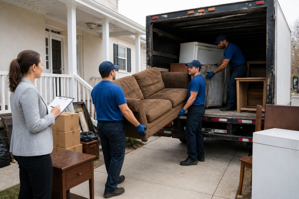 Professional team loading furniture and appliances from a residential property into a junk removal truck.