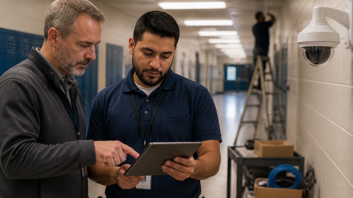 Facilities manager and IT technician reviewing a school security camera installation plan on a tablet in a hallway.