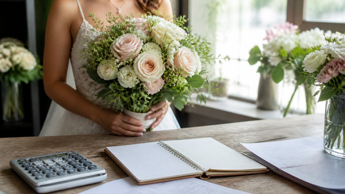 Bride holding a lush bouquet of roses and greenery while budgeting for wedding floral design.