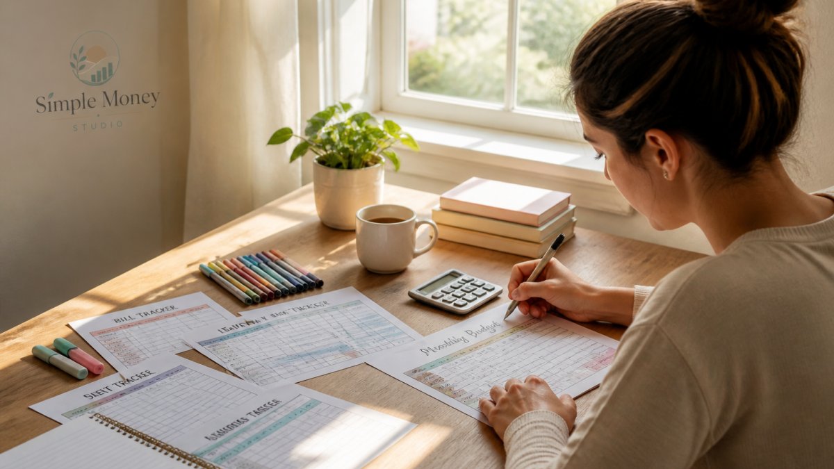 Person sitting at a desk with printed budget worksheets, colored pens, and progress trackers spread out, actively filling in financial information with morning sunlight coming through the window