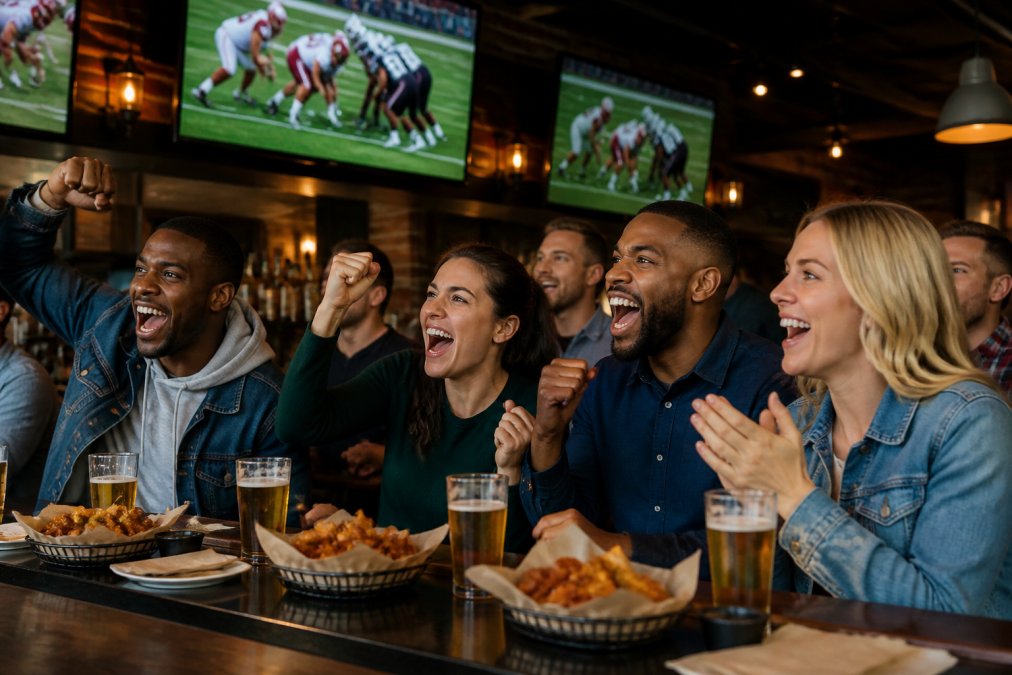 A lively sports bar interior with a group of friends cheering at a bar counter, multiple big-screen TVs showing a football game, baskets of chicken wings and cold beers on the table, warm amber lighting, casual energetic atmosphere
