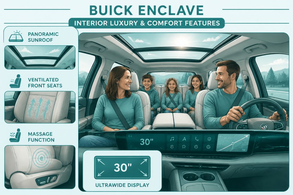 Family of five seated comfortably in a Buick Enclave cabin with panoramic sunroof open, showing the continuous 30-inch ultrawide display, ventilated front seats with massage function, and leather upholstery catching natural light through the panoramic roof