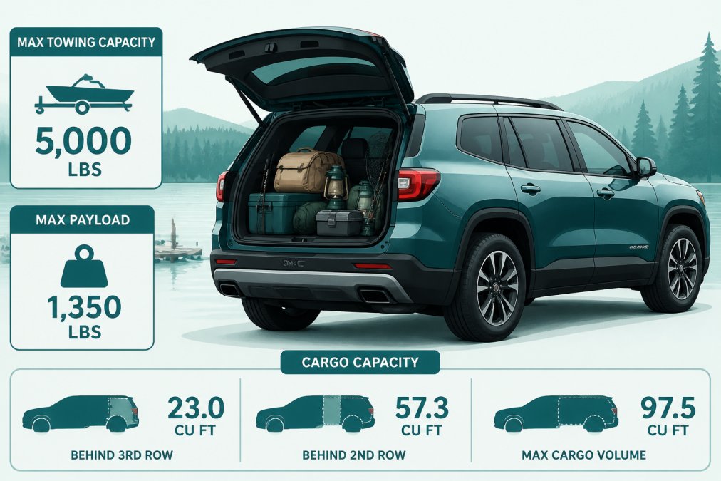 GMC Acadia photographed from the side angle with the tailgate fully open, showing the spacious cargo area loaded with camping gear, fishing equipment, and luggage, with the vehicle parked at a lakeside
