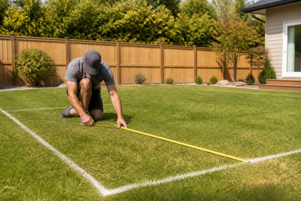 Homeowner measuring out backyard space with tape measure, marking the court area with chalk lines on flat lawn under morning sunlight