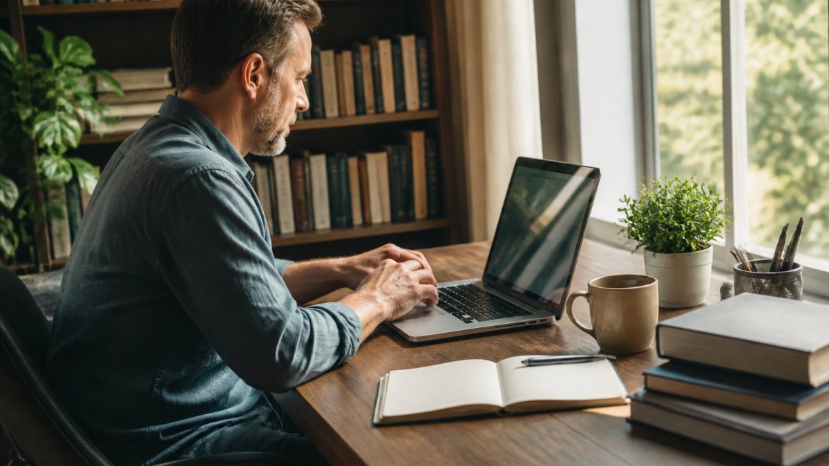 An author at a wooden desk in a sunlit home office, laptop open to a personal website, notebook and coffee nearby, bookshelves in the background