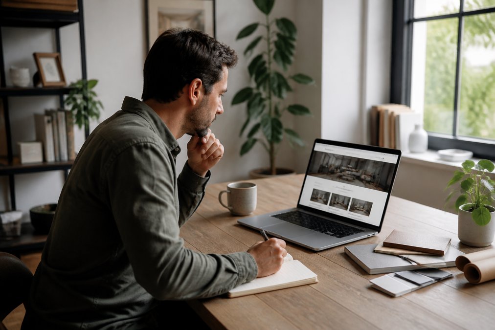 Small business owner working at a desk with a laptop and notebook, reviewing a website design on screen in a modern home office setting with natural window lighting