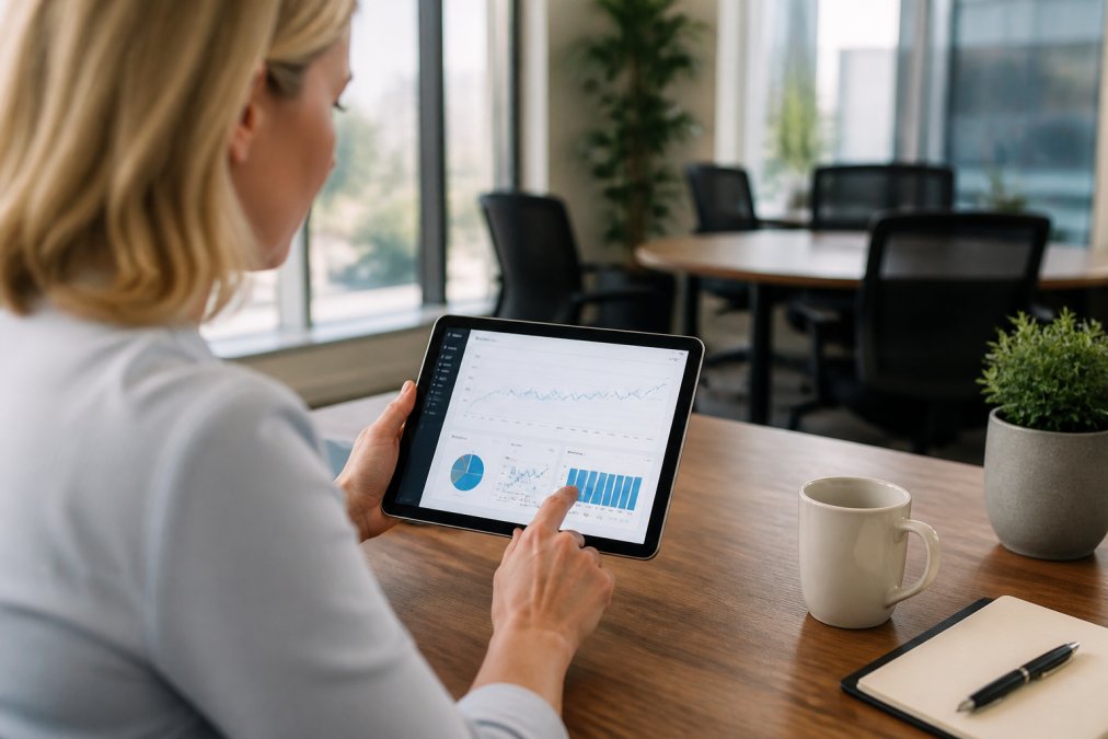 Marketing professional checking website analytics on a tablet, with performance metrics and graphs visible on the screen in a bright modern office with natural lighting