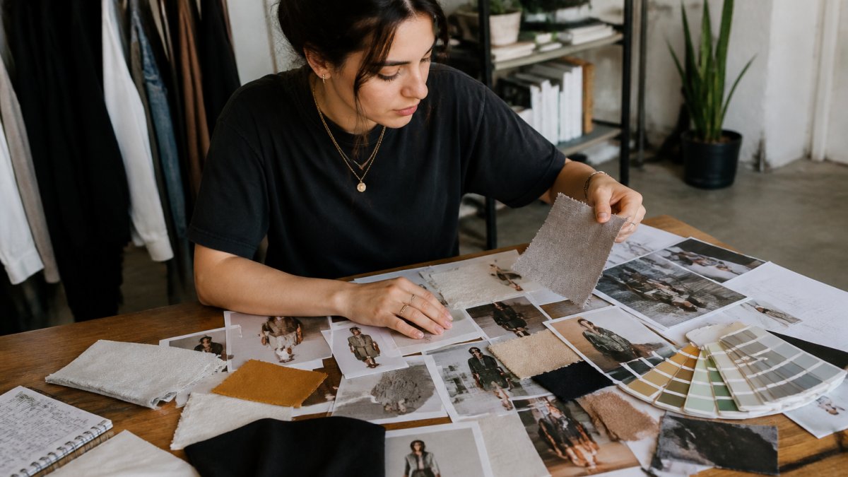 Person creating a mood board on a desk with printed style images, fabric swatches, color samples, and fashion clippings arranged together