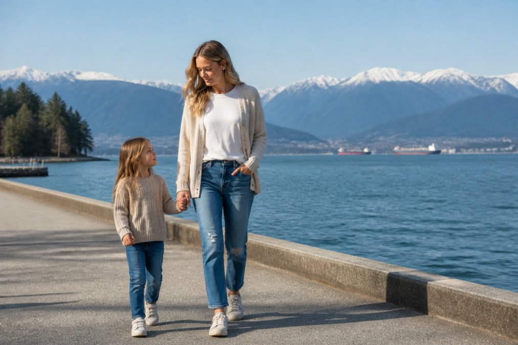 Mom styled in layered neutral basics with a button cardi over a simple tee, well-fitting jeans, and neutral sneakers, demonstrating a versatile everyday outfit in natural lighting